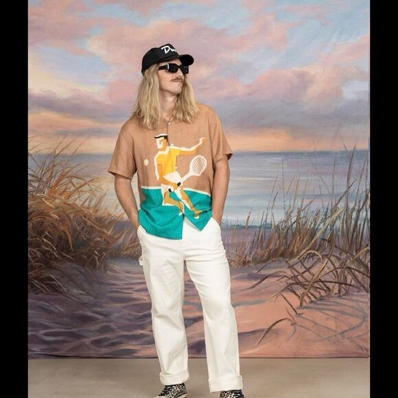 DUVAN RACKET CLUB SS CABANA SHIRT size S Tan/Turquoise NWT in packaging - Picture 1 of 8